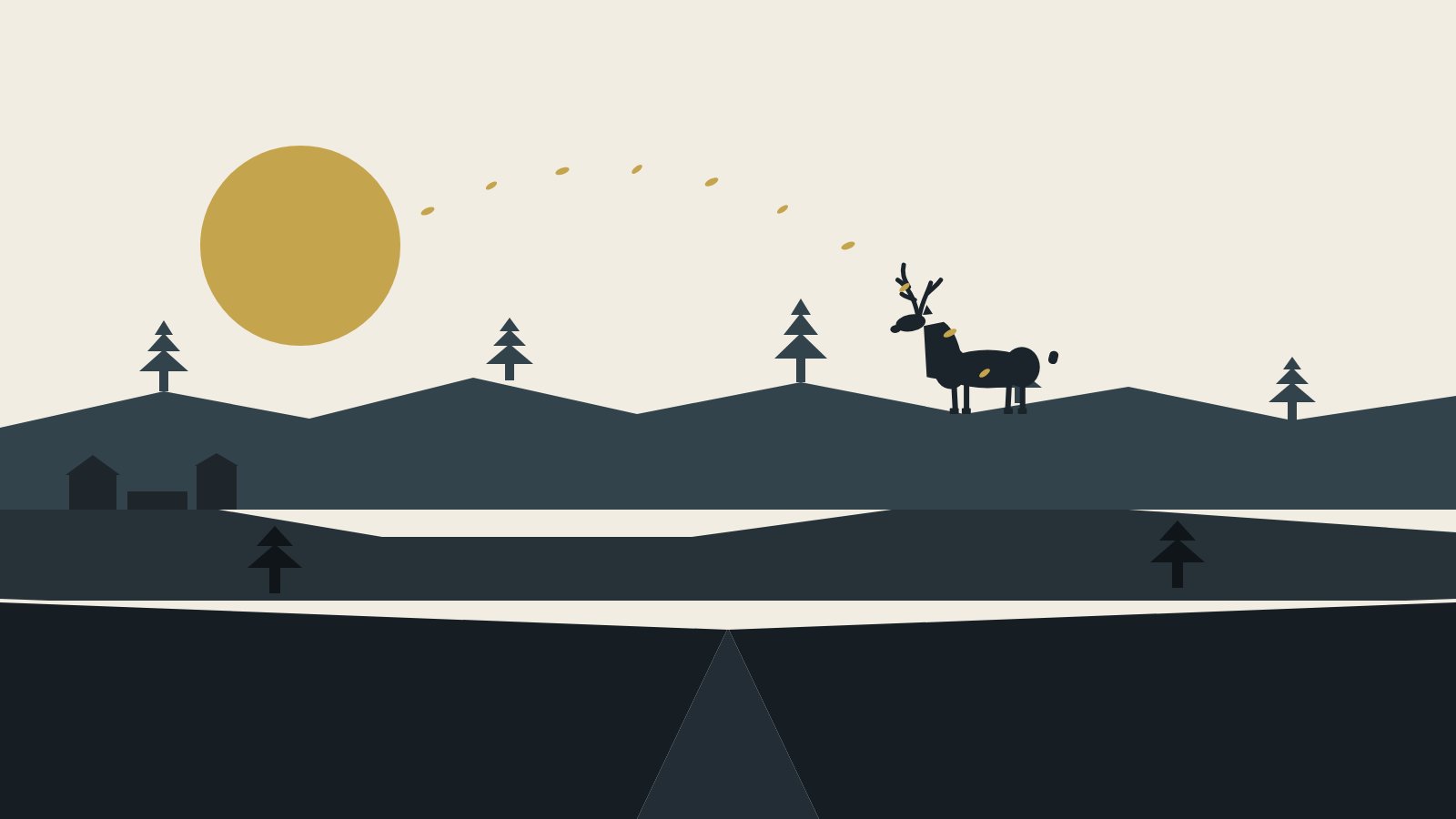 Original illustration: a stag on the escarpment ridge above the Vale of Avoca, a gold sun over Deer Park